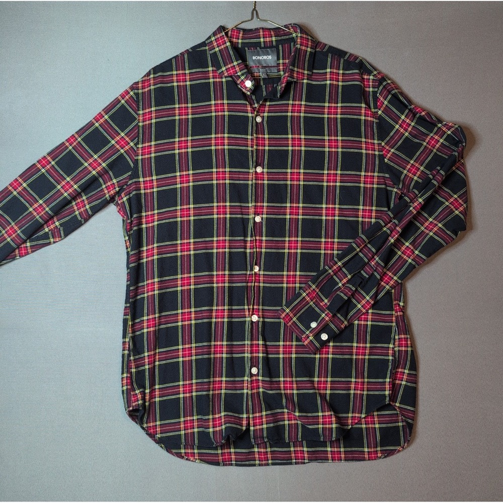Bonobos Plaid Flannel Button Down Shirt Mens Slim Fit Large Long Red Black